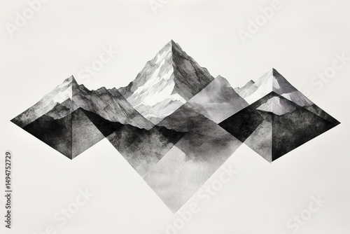 Monochrome abstract mountain landscape with peaks and layered geometric shapes in black, white, and gray tones, modern minimalistic mountain art image