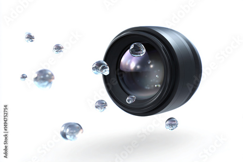 a camera lens with bubbles floating around it
