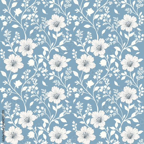 Fabric pattern, flowers, white, blue, wallpaper pattern