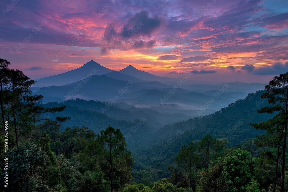 Majestic sunrise over mountains and valleys in lush landscape of Guatemala during early morning hours Majestic sunrise over mountains and valleys in lush landscape of Guatemala during early morning hours