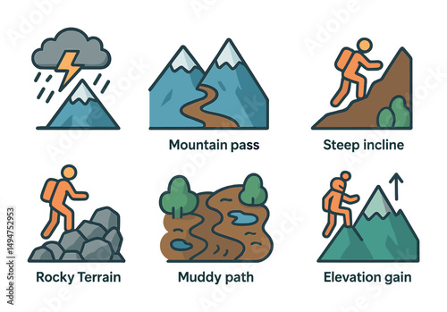 Hiking and outdoors icons set – filled, adventure, mountain exploration symbols