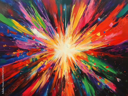 Abstract explosion of vivid colors with dynamic energetic brushstrokes radiating from a bright center creating a vibrant and lively artistic composition