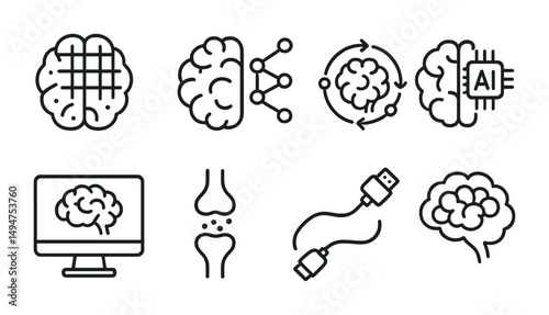 Artificial intelligence and neural network line icons set – tech, brain, ai symbols
