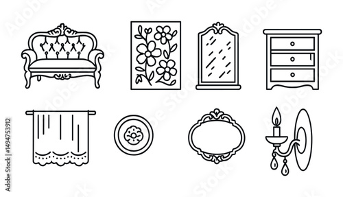 Antique furniture outline icons set – vintage, decor, and home styling symbols