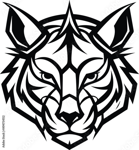 Striking Bobcat Head in Bold Black and White Line Art: Vector Illustration for Logos, Tattoos, and Design Elements.                                   