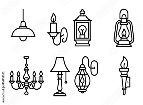 Vintage lighting outline icons set – linear, retro, lamp and candelabra symbols
