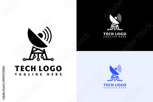 radar dish spreading signals with circuit dots illustration, vector, logo for internet of things, data transfer, database, data center, communication, ai, technical, and more