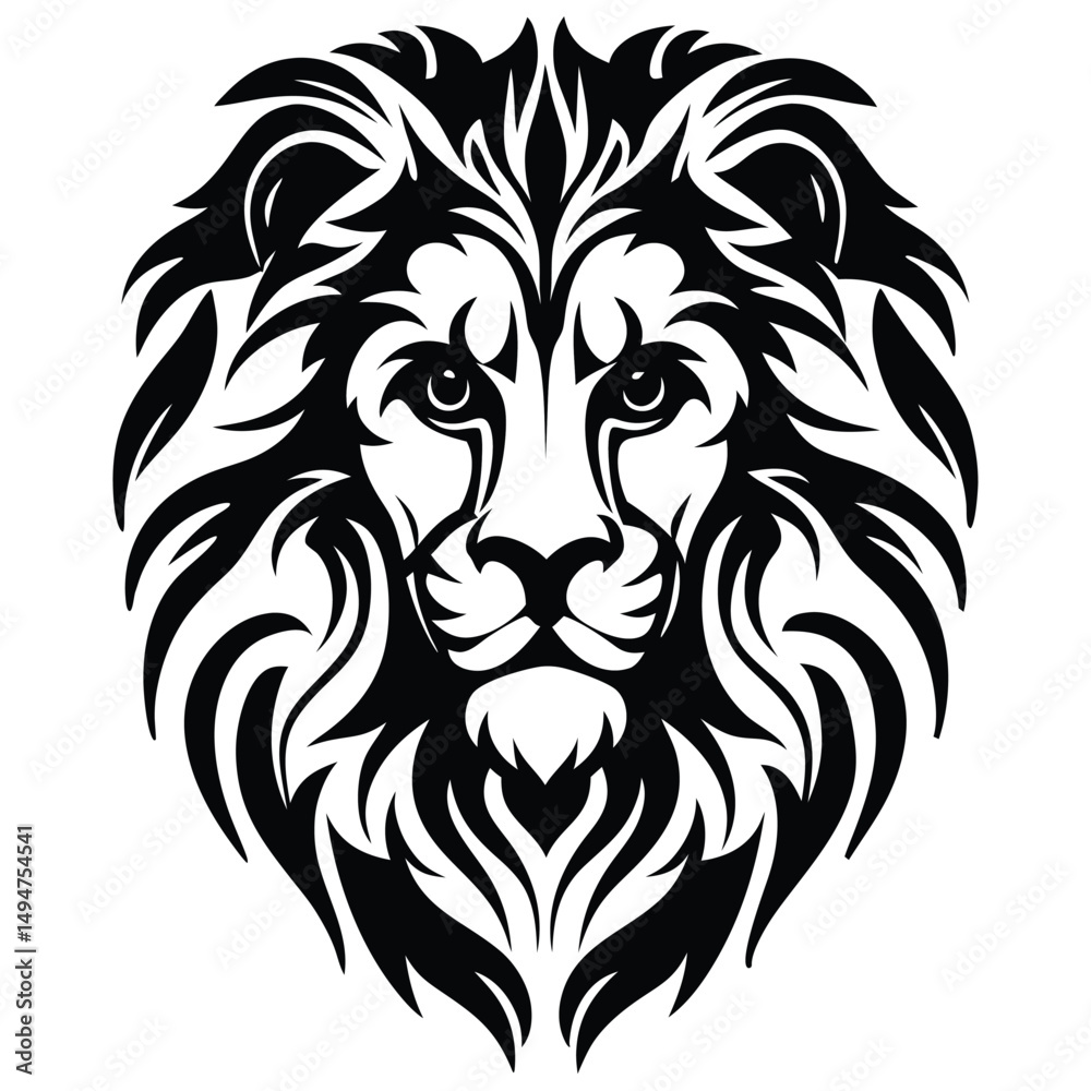 Fototapeta premium Detailed Black and White Lion Head Illustration with Intricate Mane Design 