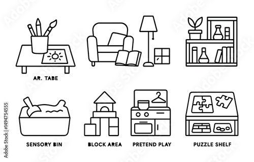 Home learning outline icons set – linear, educational, playroom organization symbols