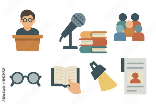 Public speaking flat icons set – presentation, communication, seminar graphics