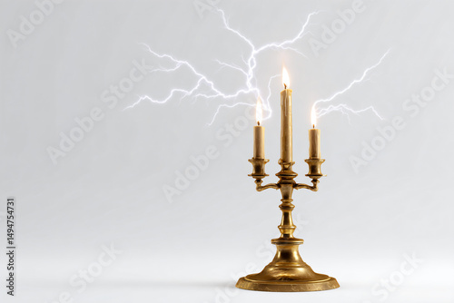 a gold candle holder with two candles on it