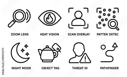 Security and surveillance outline icons set – monitoring, detection, safety symbols