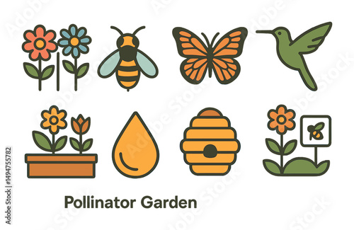 Pollinator garden flat icons set – filled, nature, ecological symbols