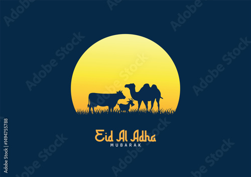 Eid Al Adha Celebration of Muslim holiday Background. The sacrifice a camel, cow, sheep and goat Eid-al-adha concept Islamic vector illustration
