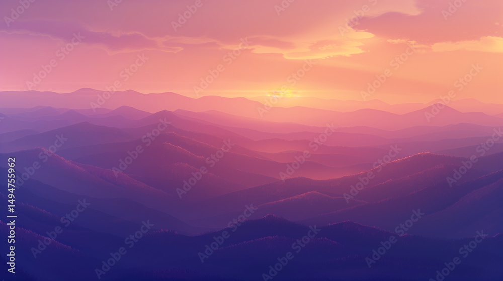 Obraz premium Golden sunset over a serene landscape, warm light through clouds, orange and purple hues blending in harmony