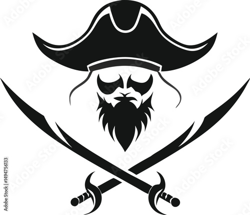 Monochrome Pirate Symbol: Silhouette of Bearded Pirate with Hat and Swords Illustration, Isolated on White Backdrop.                                  