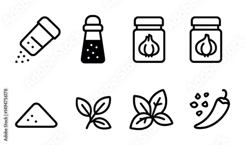 Spices and herbs outline icons set – linear, culinary, seasoning symbols