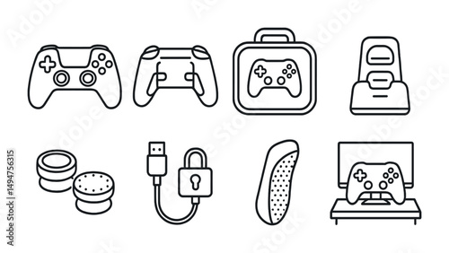 Video game controllers outline icons set – linear, gaming gear, joystick symbols