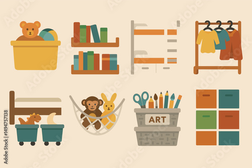 Kids toy storage flat icons set – playful, colorful organizational symbols