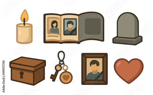 Memorial flat icons set – remembrance, tribute, memorial symbols for design