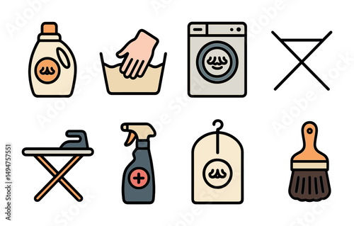 Laundry and cleaning icons set – outline, flat, household and chores symbols