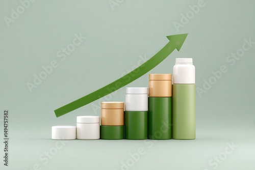 A stack of various eco friendly and sustainable cosmetic or skincare product packages arranged in an upward arrow shape symbolizing business growth and market success for natural organic brands