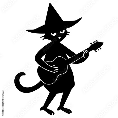 Witch cat playing guitar silhouette vector illustration 
