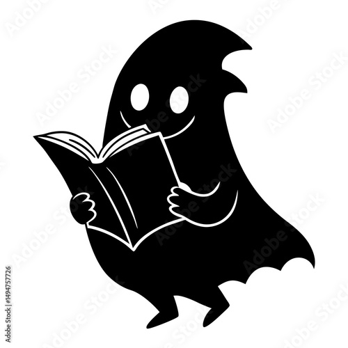 Adorable ghost reading a book silhouette vector illustration 