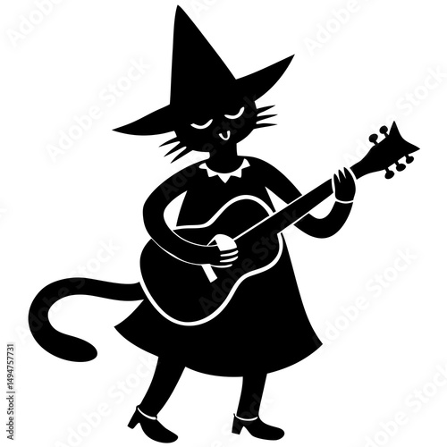 Witch cat playing guitar silhouette vector illustration 