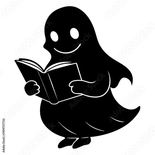 Adorable ghost reading a book silhouette vector illustration 