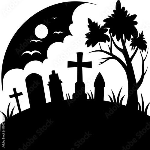 Graveyard at twilight with fog silhouette vector illustration 