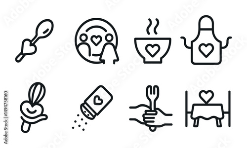 Cooking and dining icons set in outline – culinary, kitchen, food preparation symbols