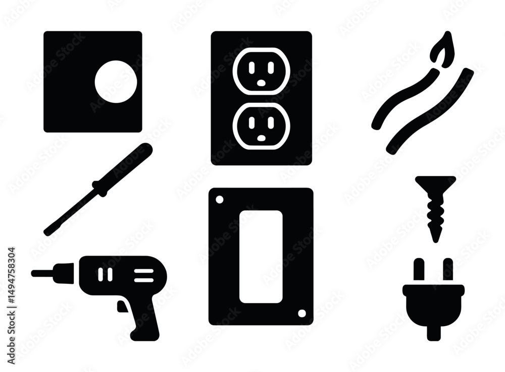 Obraz premium Electrical tools solid icons set – utility symbols, home improvement, diy elements