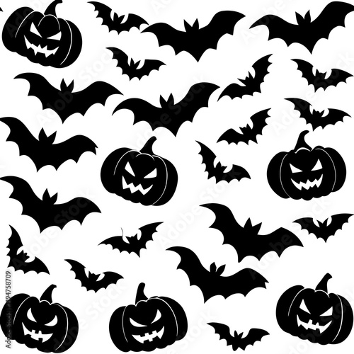 Repeating pumpkin and bat pattern silhouette vector illustration 