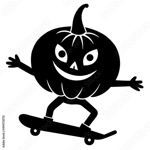 Pumpkin riding a skateboard silhouette vector illustration 