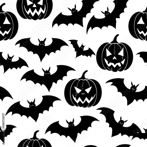 Repeating pumpkin and bat pattern silhouette vector illustration 