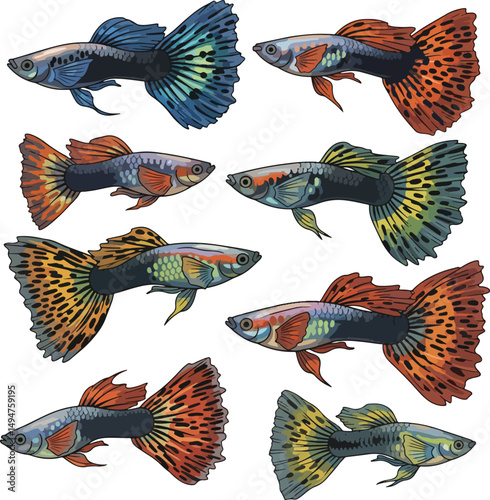 A vibrant collection of various guppy fish breeds, showcasing their diverse colors and tail patterns. Ideal for aquarium enthusiasts, pet-related designs, or educational materials on freshwater fish.