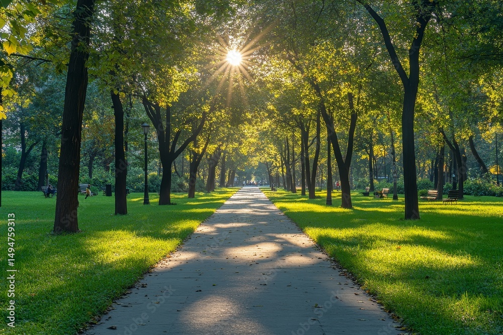 Obraz premium blurred background of a vibrant park with green trees and sunlight, ideal for a summer or spring theme, Generative AI