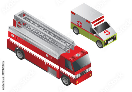 Isometric View of Fire Truck and Ambulance