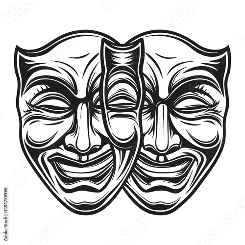 Black and White Illustration of Tragedy and Comedy Masks, Symbols of Theatre and Dramatic Arts.                                                       