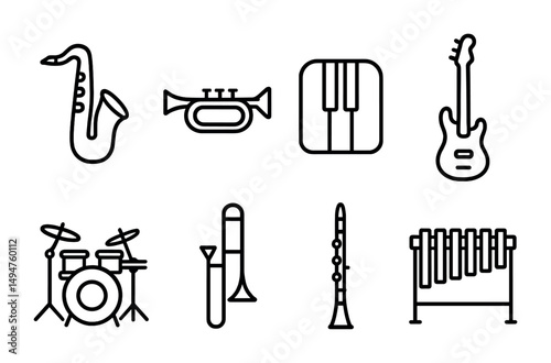 Music instruments line icons set – linear, outline, band and orchestra symbols
