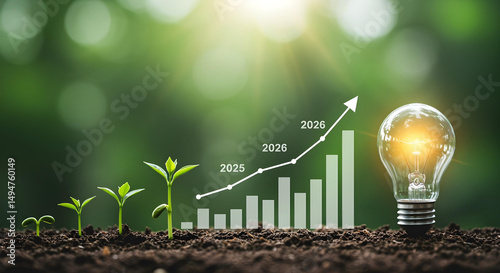 Growth and innovation: a conceptual image of a lightbulb and a growing plant, representing growth and innovation in a sustainable and eco-friendly way