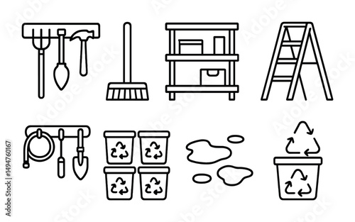 Cleaning and organization outline icons set – linear, tidy, home management graphics