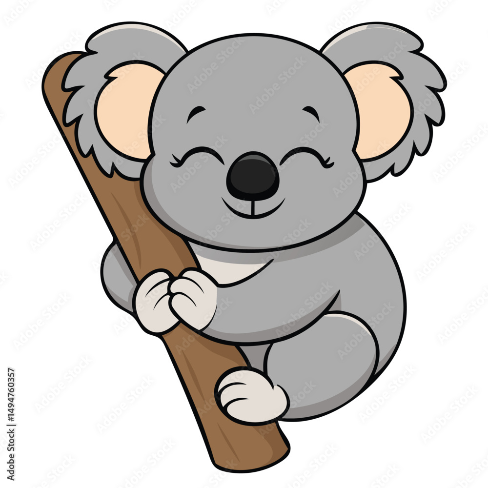 Obraz premium a-cartoon-koala-hugging-a-tree-branch--soft-gray-t (1).eps