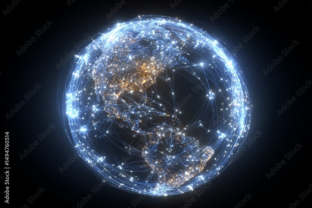 Obraz premium Visual representation of a digital globe displaying interconnected networks of global data