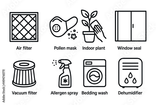 Air purification outline icons set – flat, indoor air quality, allergen control symbols