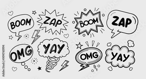 Blank comic bubbles and elements. Comic effect shape with pop art style. Set with different sounds - Yay, wow, boom, OMG and Zap. Bright speech Retro cartoon design elements, vector illustration. EPS
