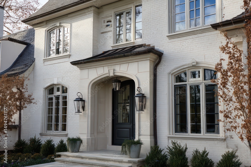 Fototapeta premium Classic home exterior featuring elegant architectural details and modern window arrangements.