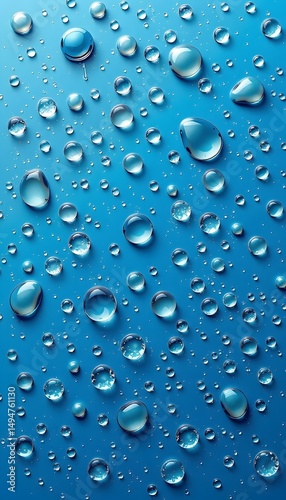 A blue background adorned with numerous clear, round water  droplets of varying sizes. 