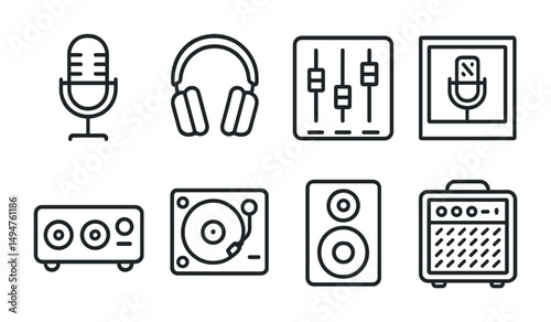 Music and audio outline icons set – minimalist, line, sound and recording symbols